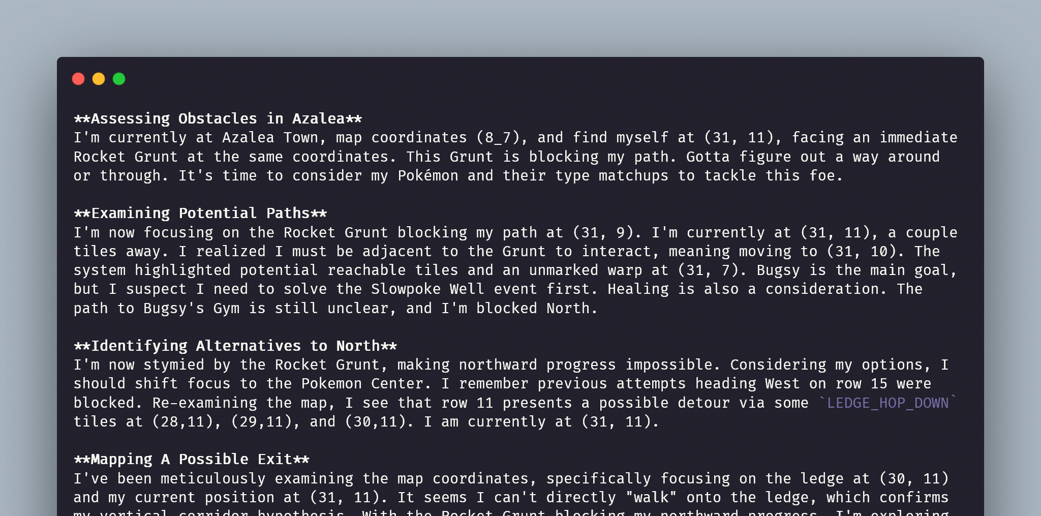 A screenshot of a text document describing a strategy for navigating obstacles in a video game. It includes sections titled "Assessing Obstacles in Azalea," "Examining Potential Paths," "Identifying Alternatives to North," and "Mapping A Possible Exit,” along with map coordinates and strategy notes.