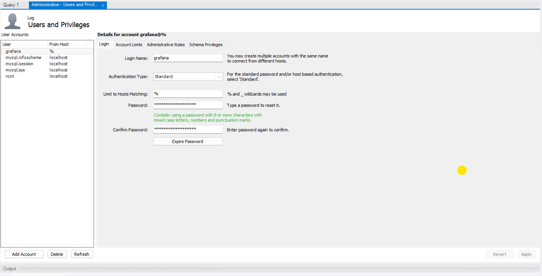 User Setup Creating the dedicated grafana user account in MySQL Workbench.