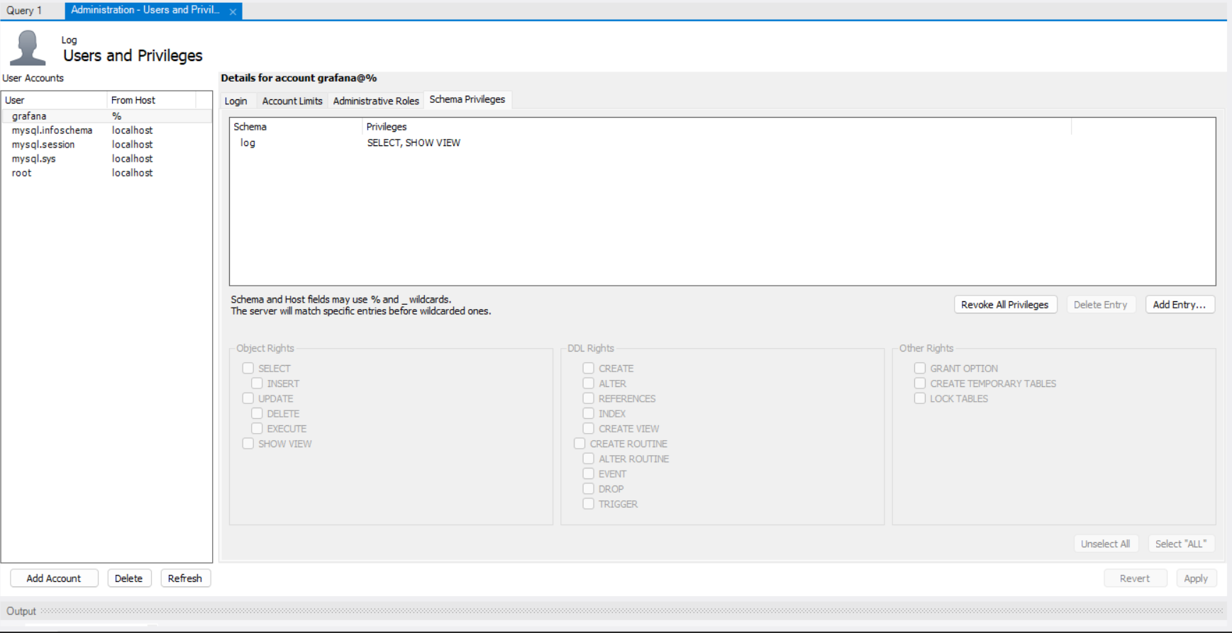 Access Control Granting read-only permissions (SELECT) to the log database to ensure security.