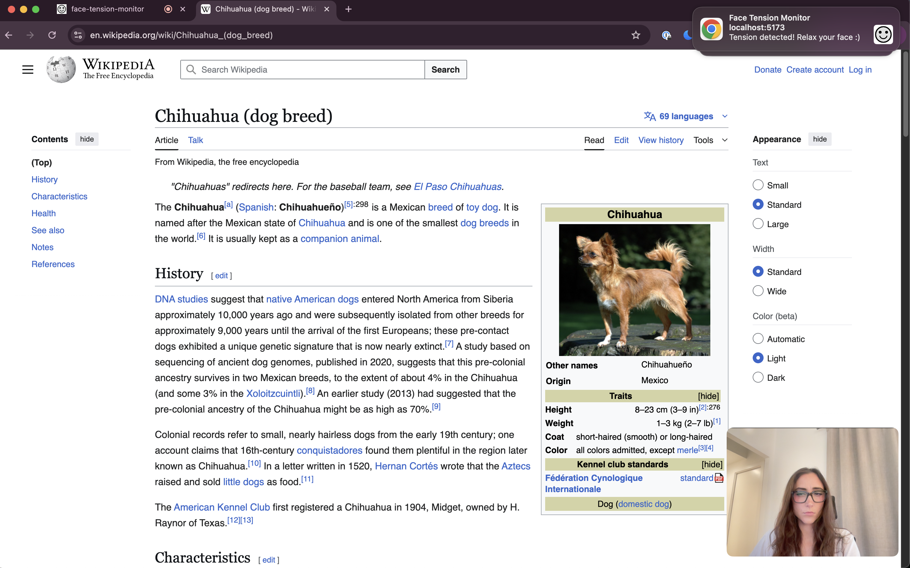Chrome notification from the Face Tension Monitor indicating detected tension while the user is viewing another browser tab.