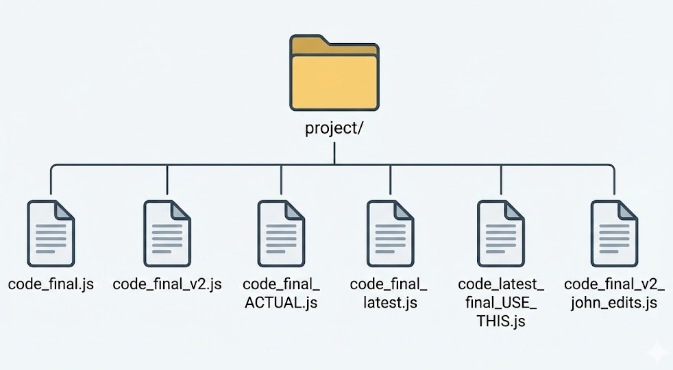 A diagram displays a project folder containing six JavaScript files: code_final.js, code_final_v2.js, code_final_ACTUAL.js, code_final_latest.js, code_latest_final_USE_THIS.js, and code_final_v2_john_edits.js.
