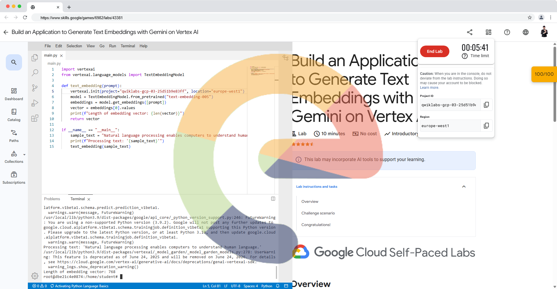 Build an Application to Generate Text Embeddings with Gemini on Vertex