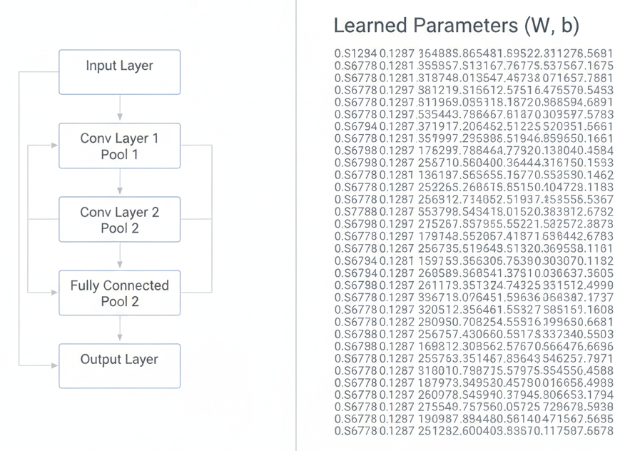 The left shows code architecture diagram (layers and connections), and the right shows a large matrix of numbers labeled as learned parameters.