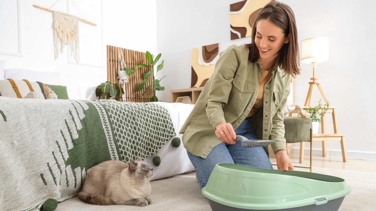 kadın kedi kumunu temizliyor