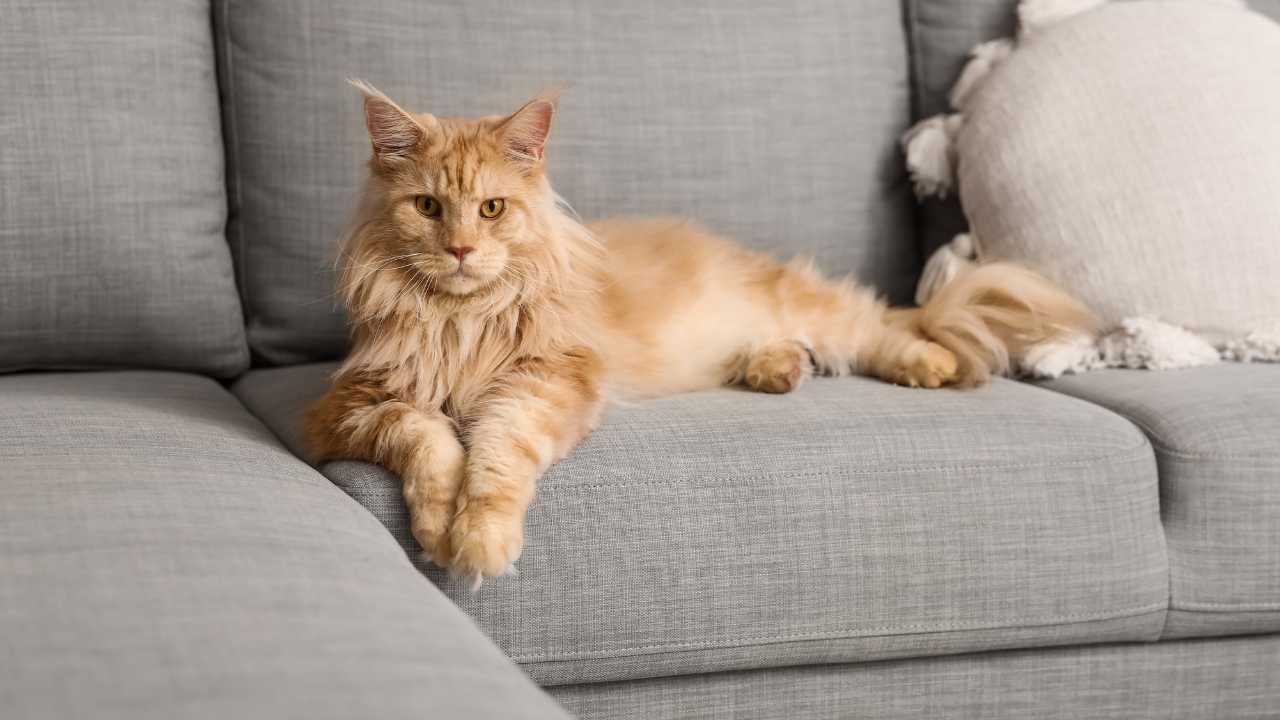 sarı renkli Maine Coon Kedisi koltukta yatıyor