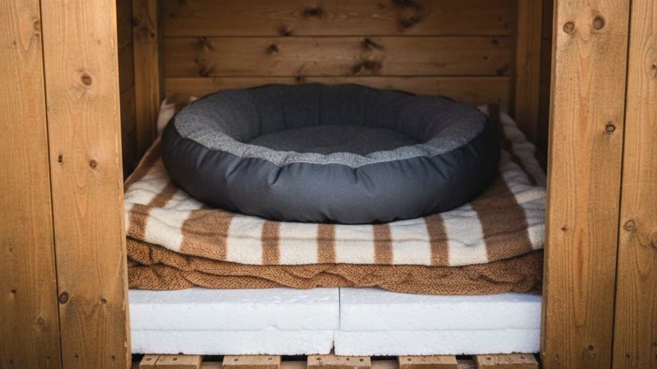 köpek kulübesinin içinde battaniye ve yatak