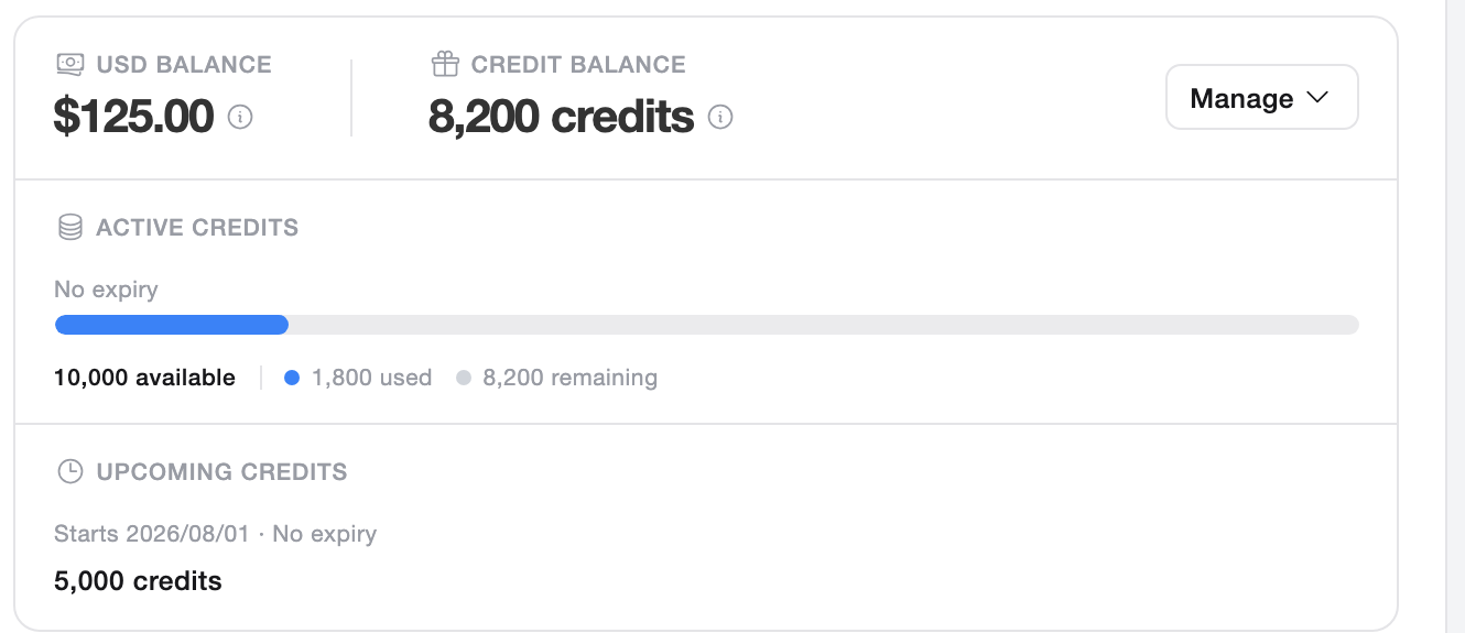 Your USD balance and credit balance, right at the top of the billing page