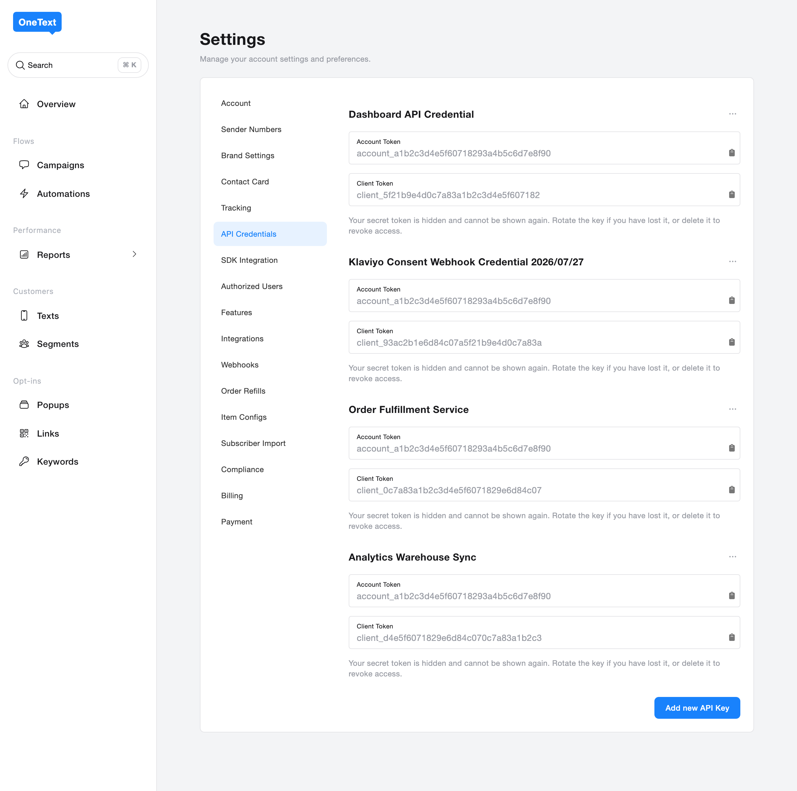 The API Credentials page listing several named keys, each with its own account and client token