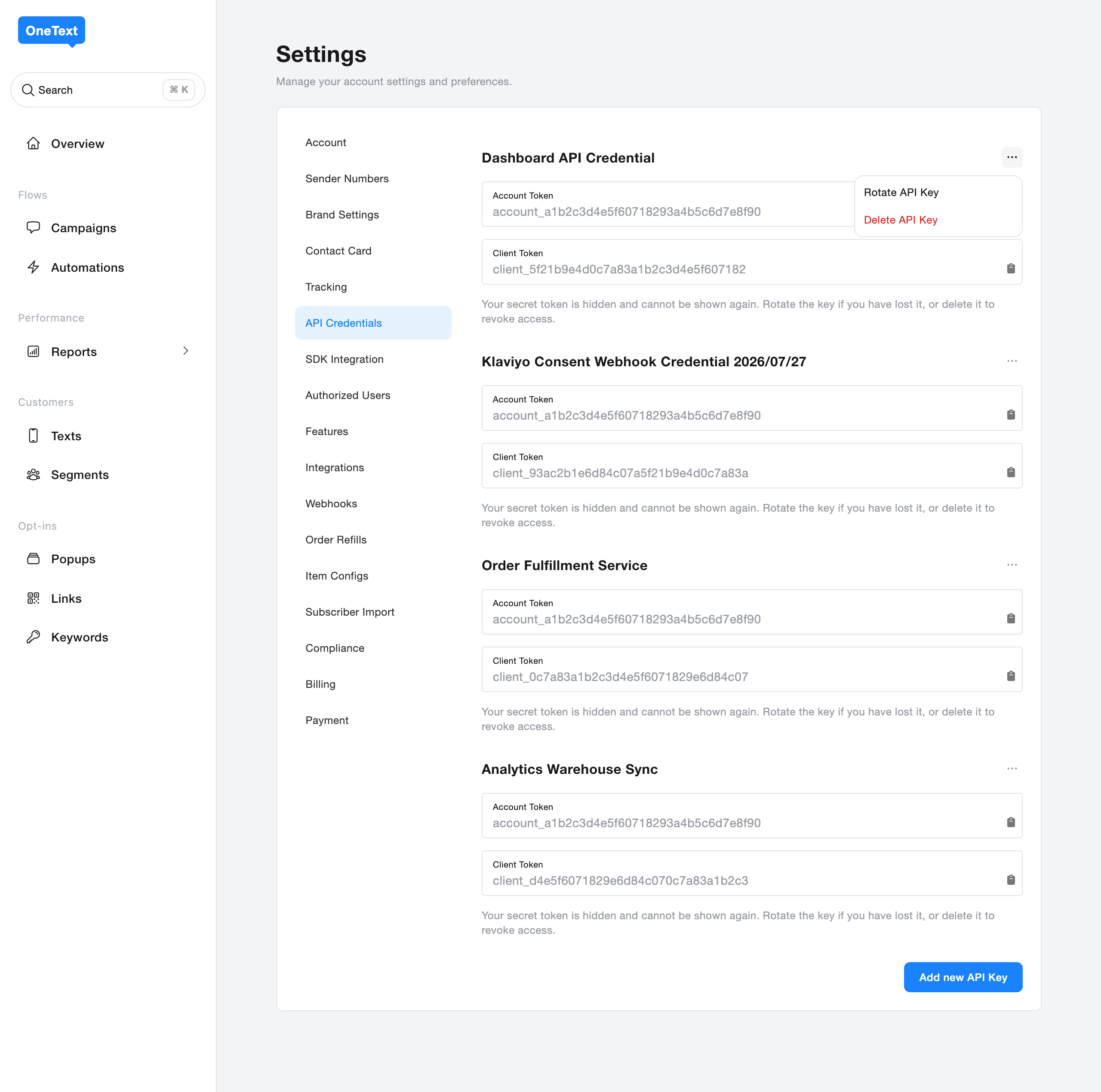The per-key actions menu, with options to rotate or delete that key