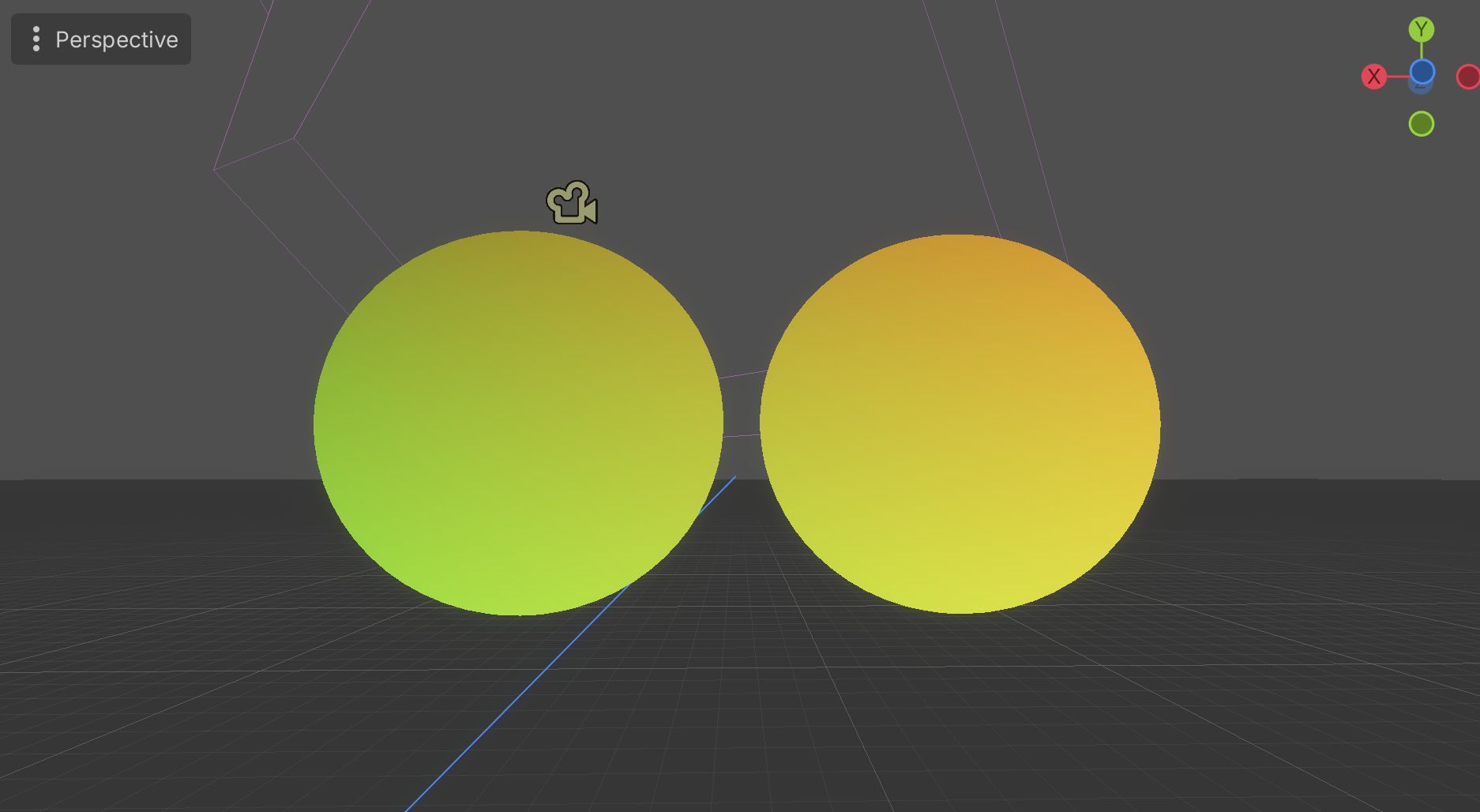 Two spheres with a SCREEN_UV gradient — the color is glued to the screen, so the left sphere is greener and the right is oranger