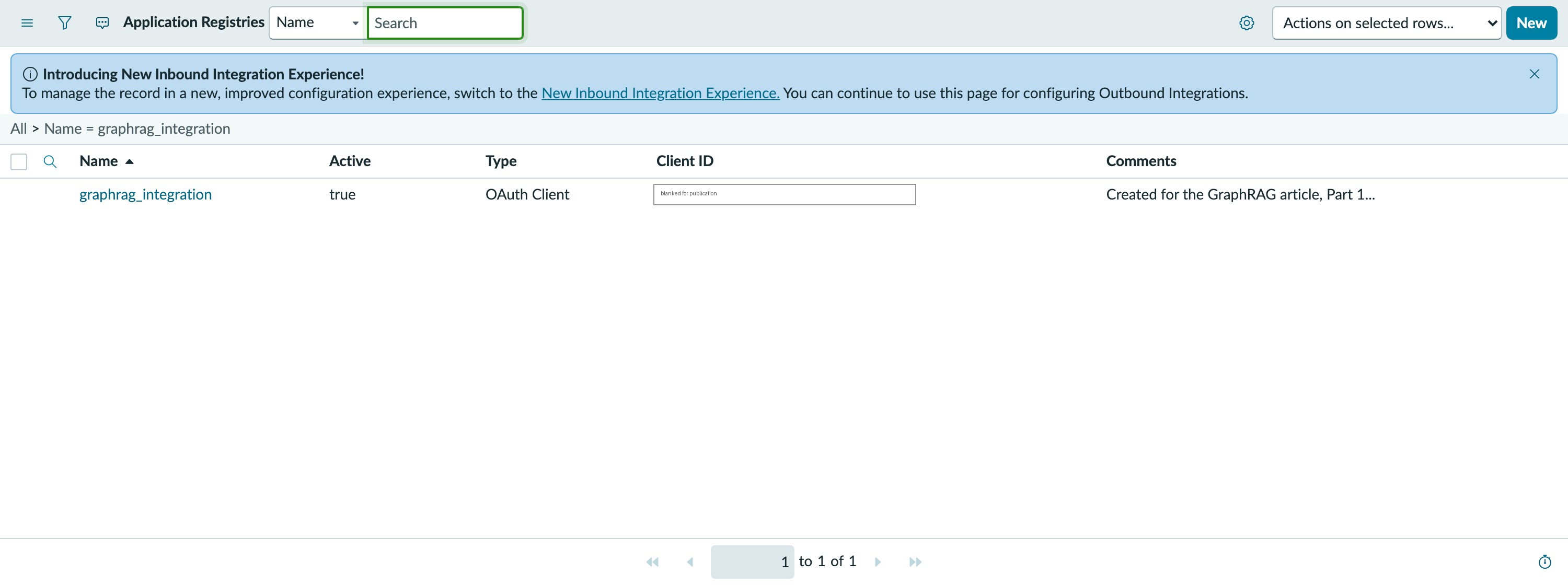 The ServiceNow Application Registries list filtered to one row named graphrag_integration, type OAuth Client, active true, with a client ID shown and no secret column.