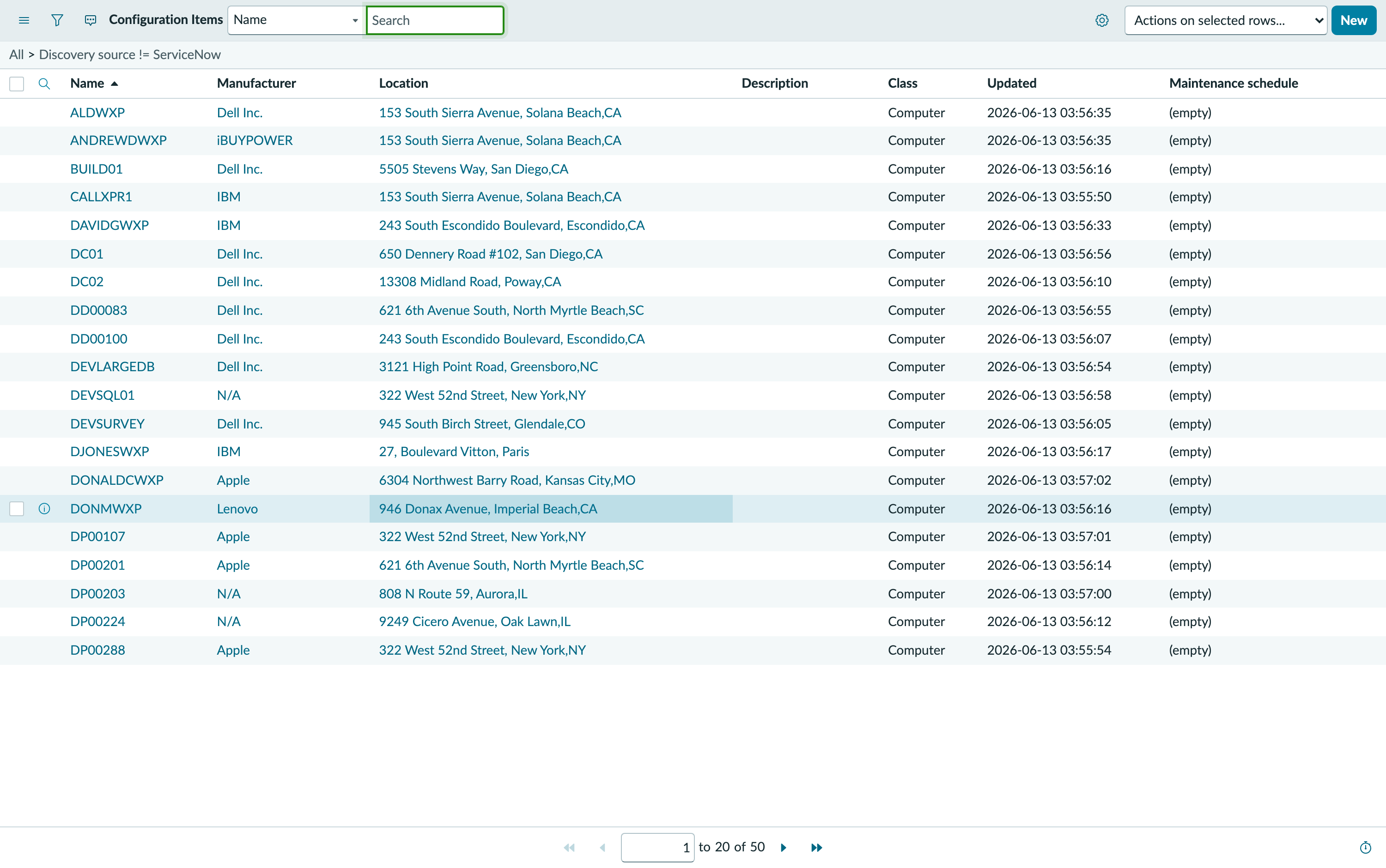 The ServiceNow Configuration Items list filtered to Discovery source is not ServiceNow, showing the instance's own demo records. The names are ALDWXP, ANDREWDWXP, BUILD01, CALLXPR1, DC01 and the like, every row in the Computer class, with manufacturers such as Dell, IBM and Apple. The footer reads 1 to 20 of 50.