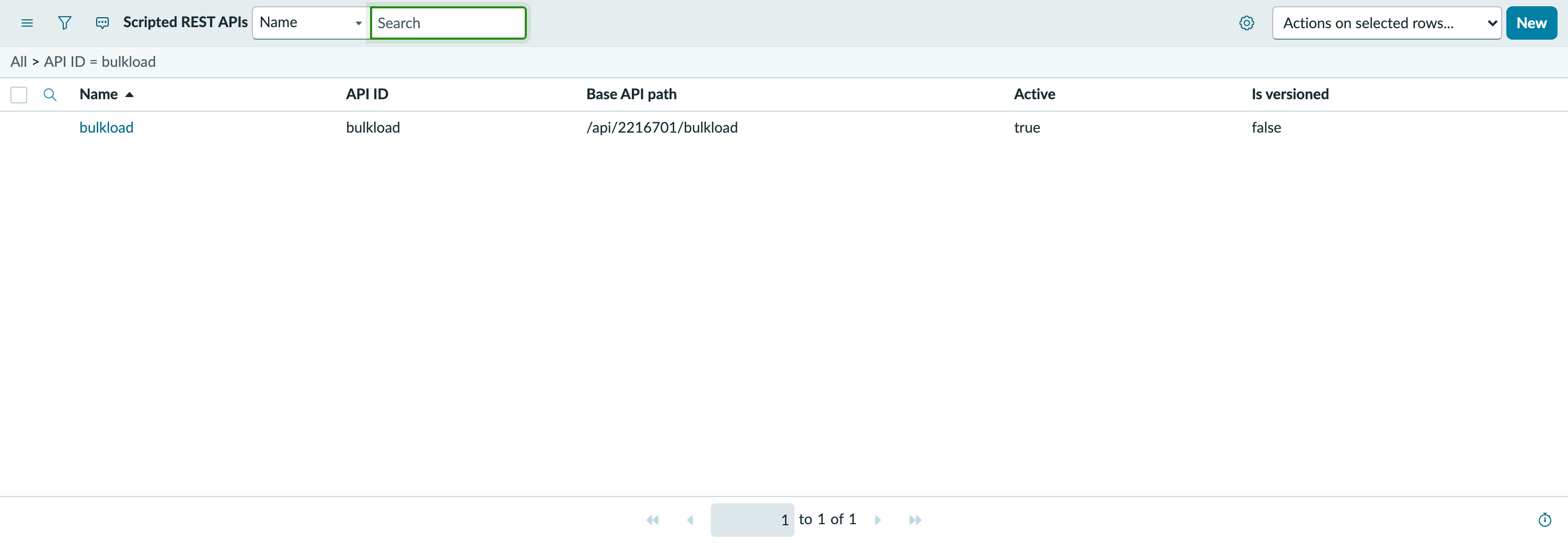 The ServiceNow Scripted REST APIs list filtered to API ID equals bulkload. One row: name bulkload, API ID bulkload, Base API path slash api slash 2216701 slash bulkload, Active true.