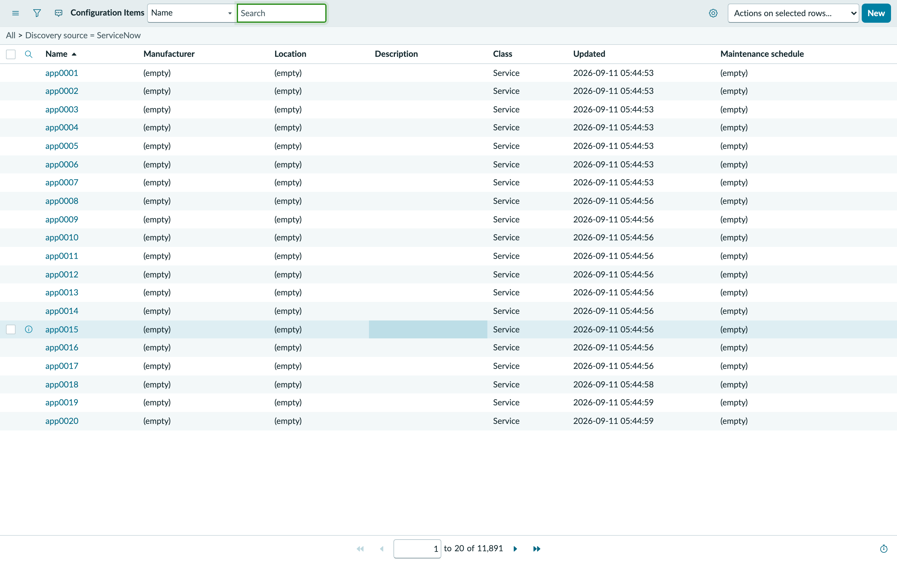 The ServiceNow Configuration Items list filtered to Discovery source equals ServiceNow, showing app0001 to app0020 of class Service, all updated within seconds of each other. The footer reads 1 to 20 of 11,891.
