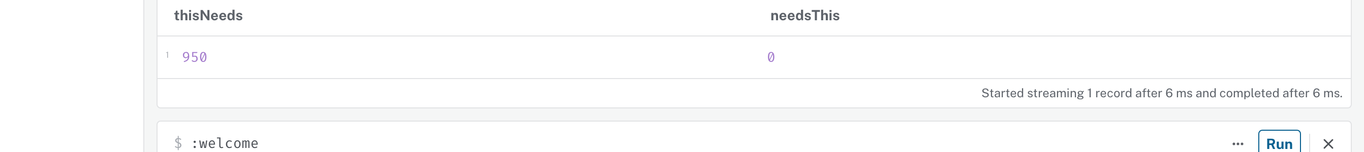 The Neo4j Browser result grid for the two-direction count while the graph was still backwards, reading thisNeeds 950 and needsThis 0.
