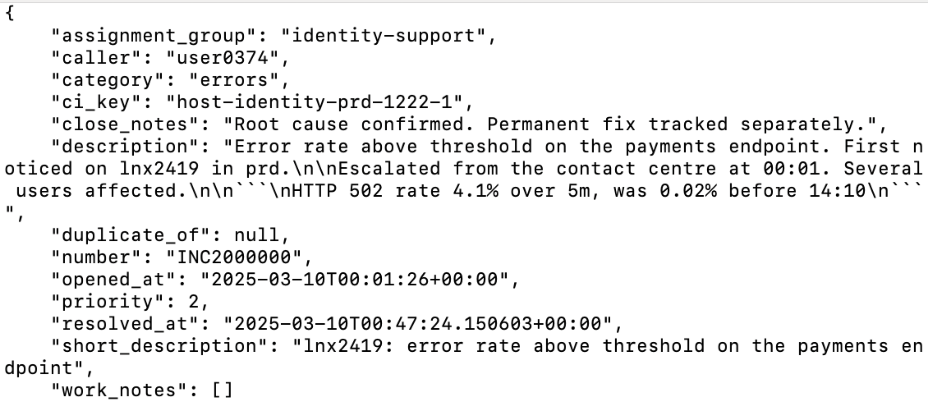 A terminal showing the first incident in the dataset as formatted JSON, with fields including assignment_group, caller, category, ci_key, number INC2000000 and a description naming lnx2419 and an HTTP 502 rate. The long values wrap onto the next line at eighty columns.