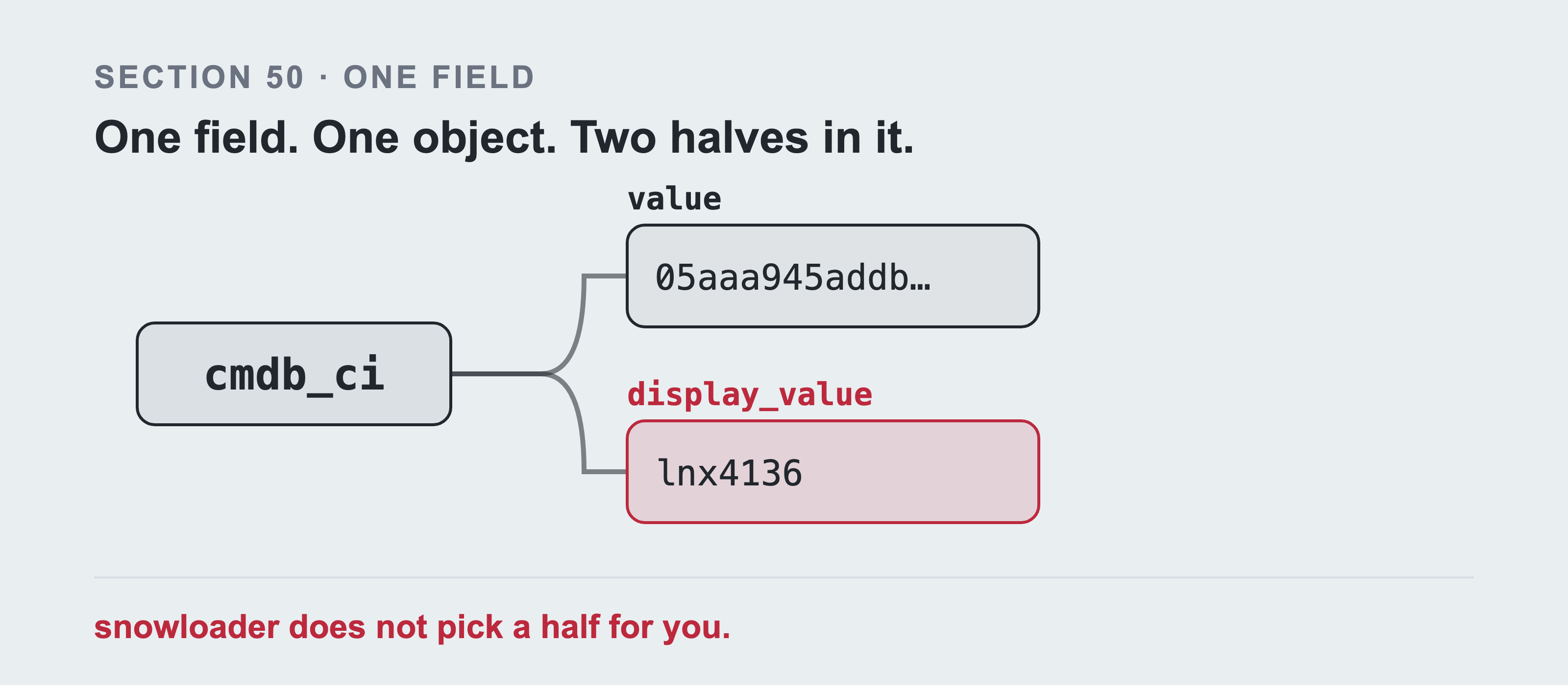 One field drawn as a fork: cmdb_ci on the left, branching into a stored half holding a sys_id and a displayed half holding the item's own name.
