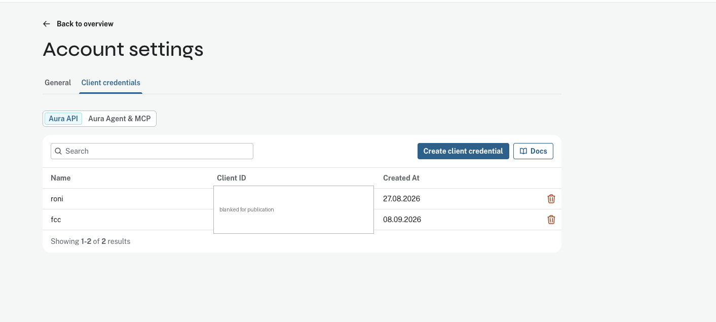 The Neo4j Aura account settings page on the Client credentials tab, with Aura API selected. A table lists two credentials by name and creation date, the Client ID column is blanked, and a Create client credential button sits above it.