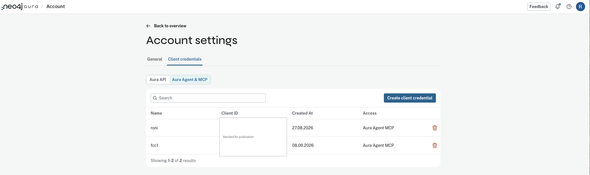 The same account settings page with the Aura Agent and MCP tab selected instead. Two credentials are listed, each with an Access column reading Aura Agent MCP, and the Client ID column is blanked.