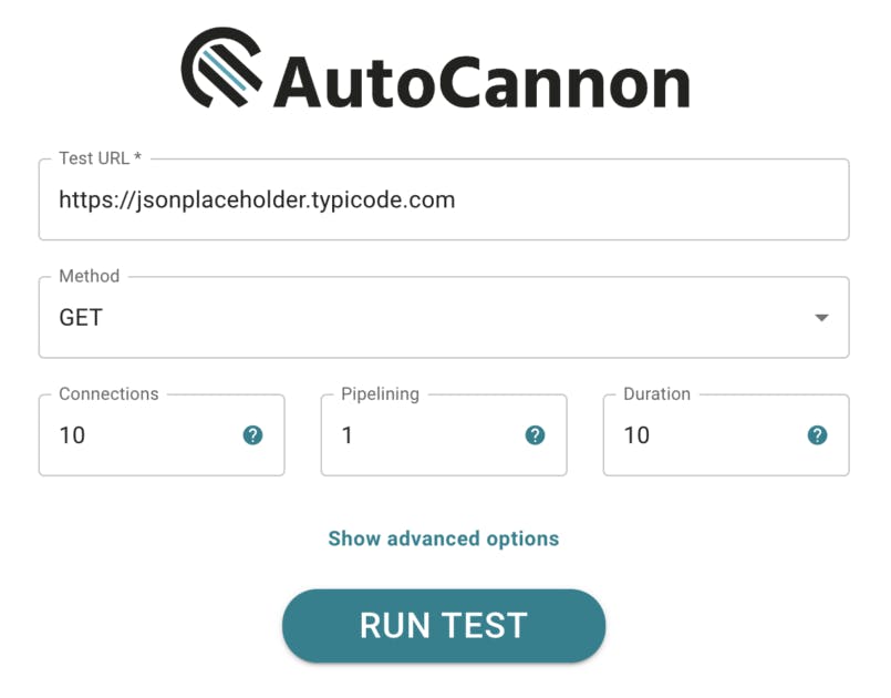 autocannon ui with 5 fields (test url, method, connections, pipelining & duration), show advanced options link, and run test button