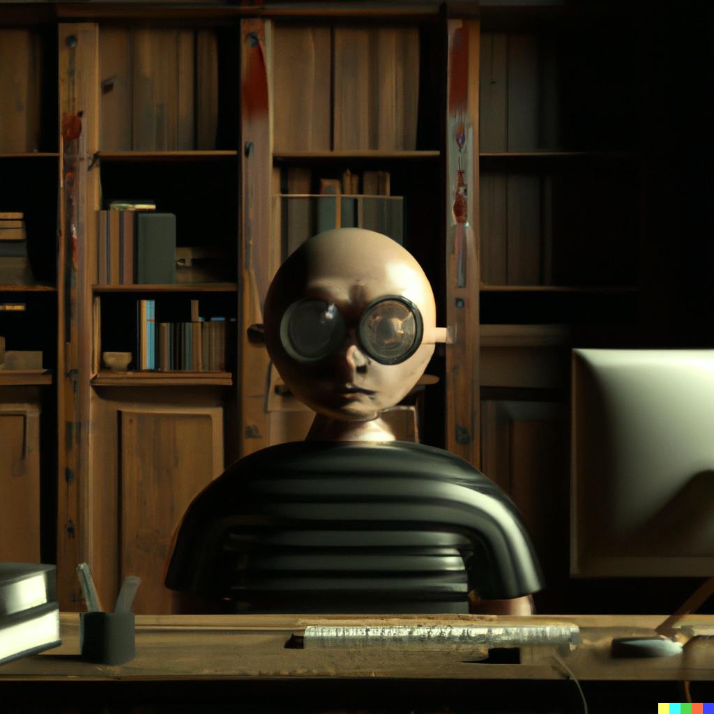 Illustrated 3D character wearing thick black glasses and a striped shirt sitting at a wooden office desk with books in the background.