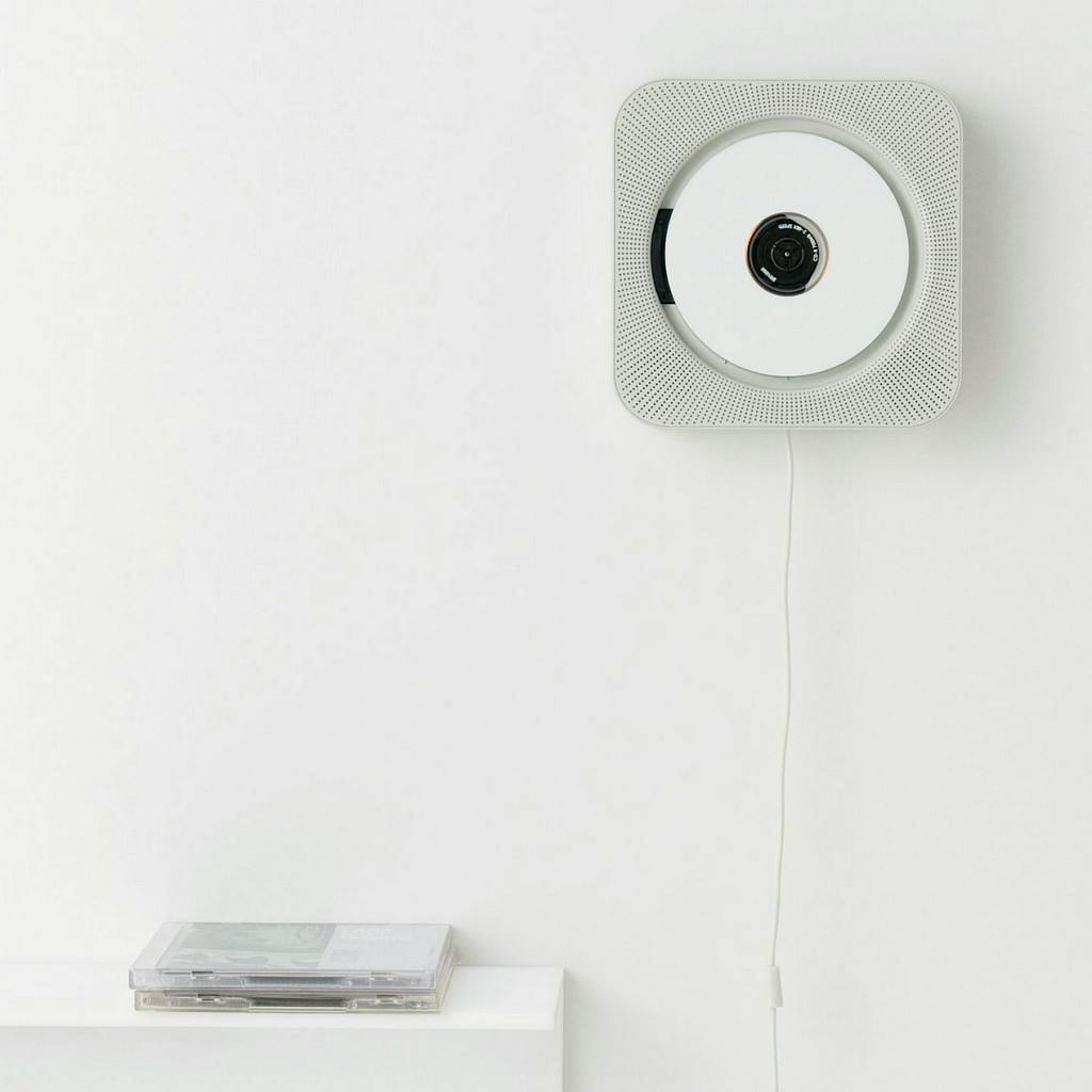 A white compact disc player mounted on a white wall, with a very minimal aesthetic, and some CDs on a white desk next to it