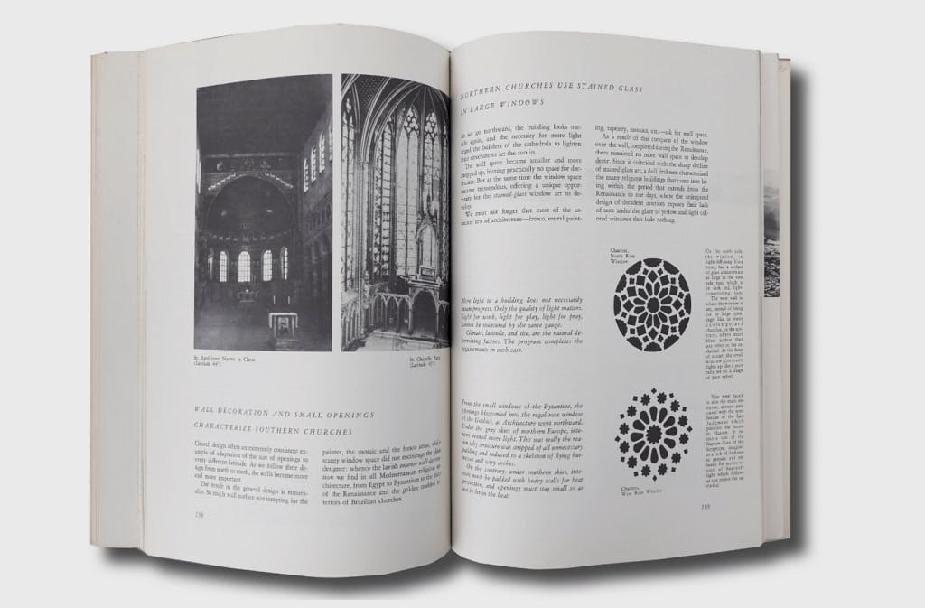 The book Form Function and Design, open on a page that shows photos of cathedrals as well as visual schematics representing the cathedral’s ornamentation