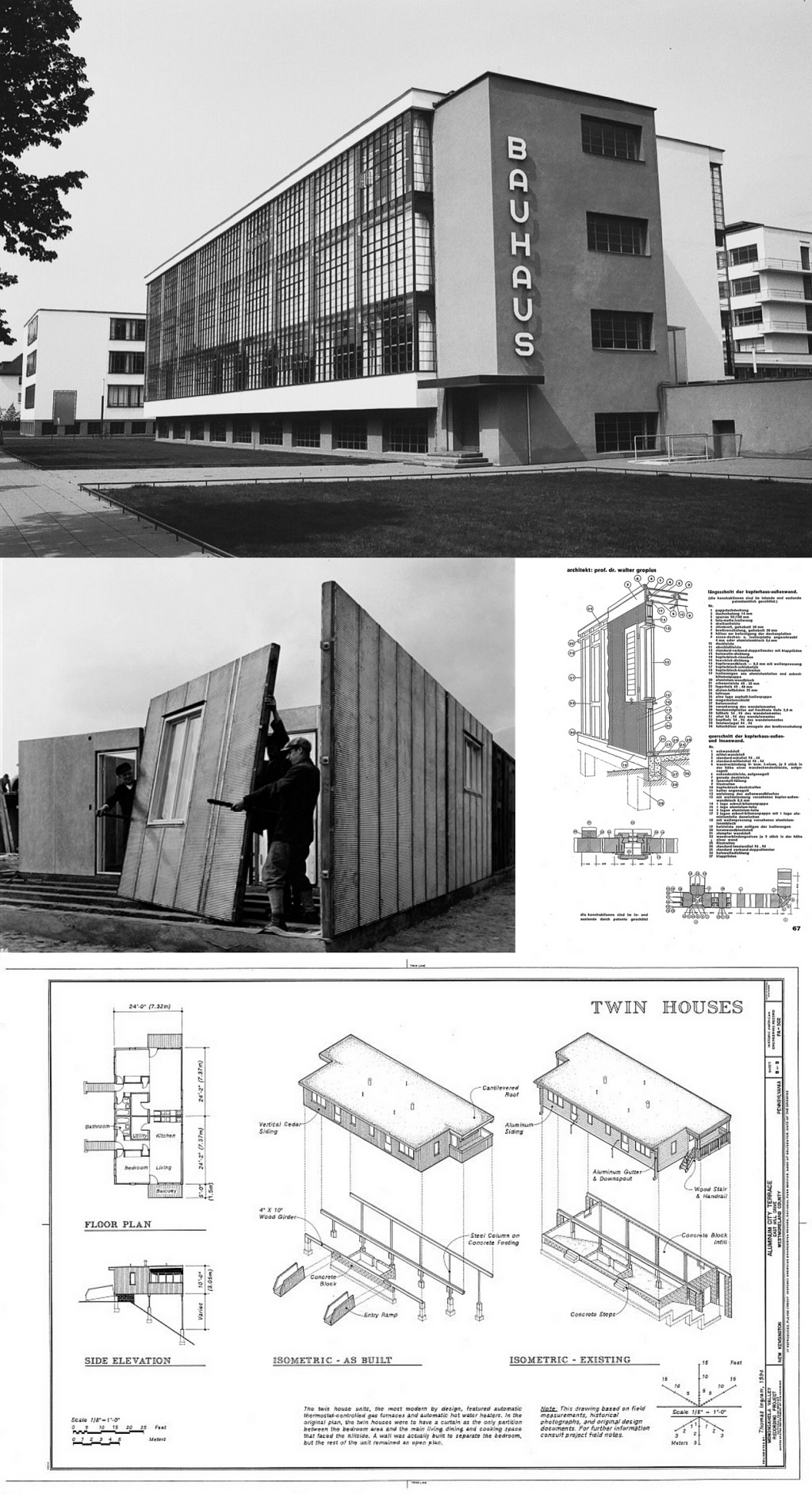 Multiple images of German design school Bauhaus (the building) as well as some of the systematic work created by architects and engineers at that time