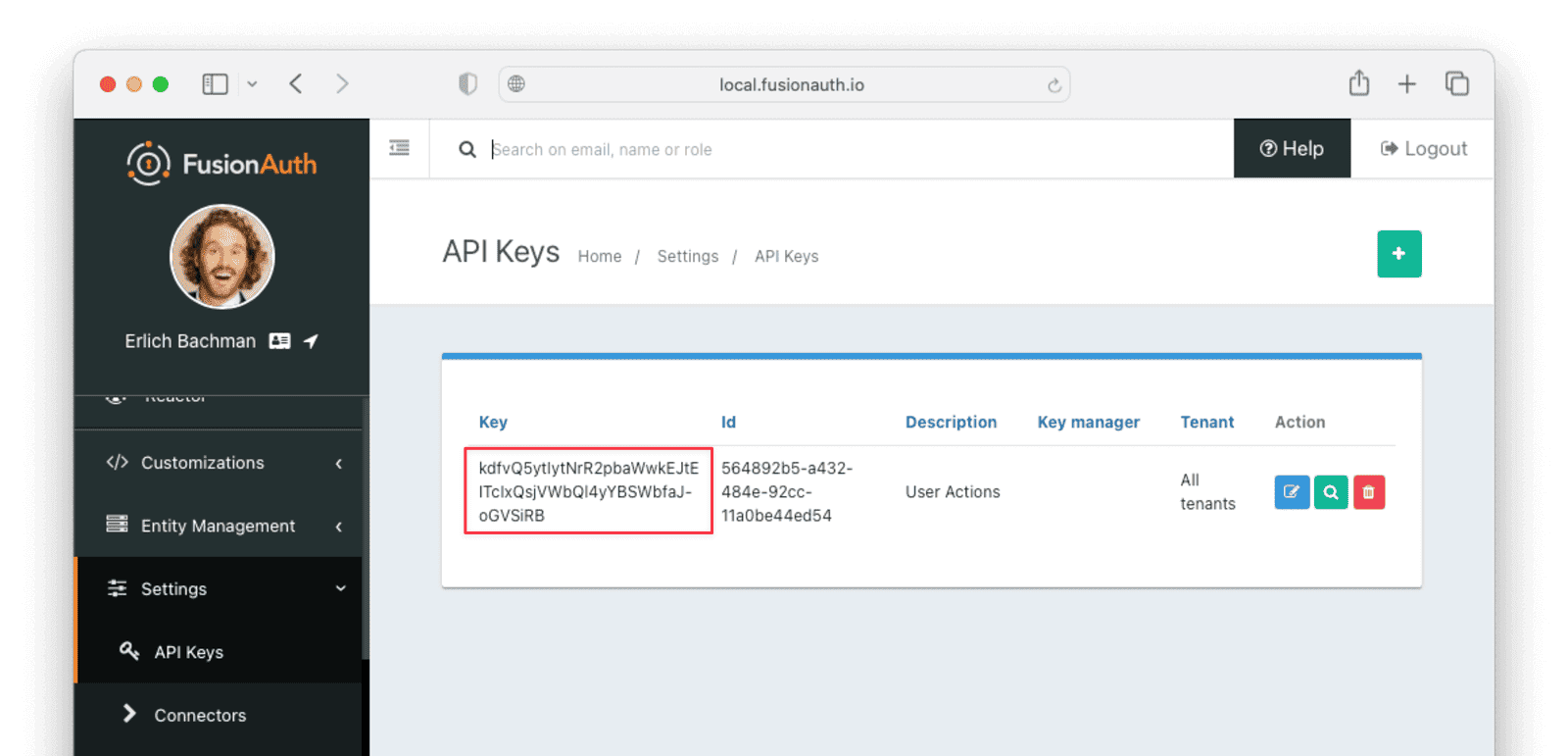 Record the value of the API key to use later.