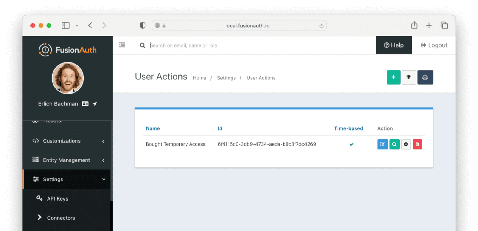 Verify that the User Action was created by checking in the admin portal.