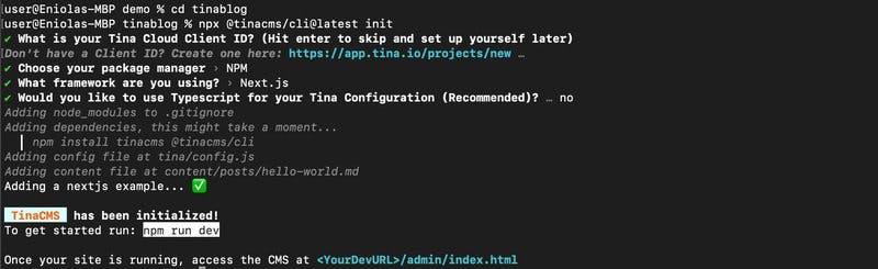TinaCMS CLI initialization result.