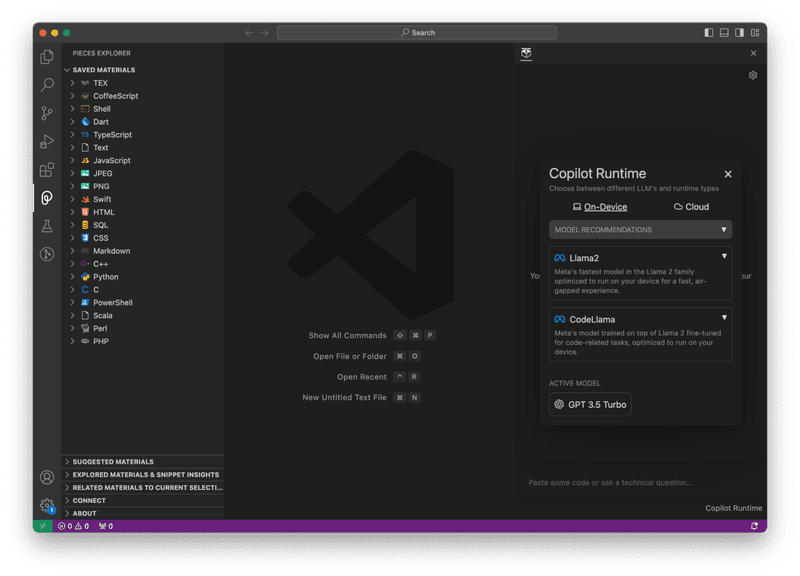 Using a quick action to set the Pieces Copilot Runtime. 