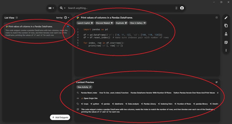 Pieces with saved code snippets.