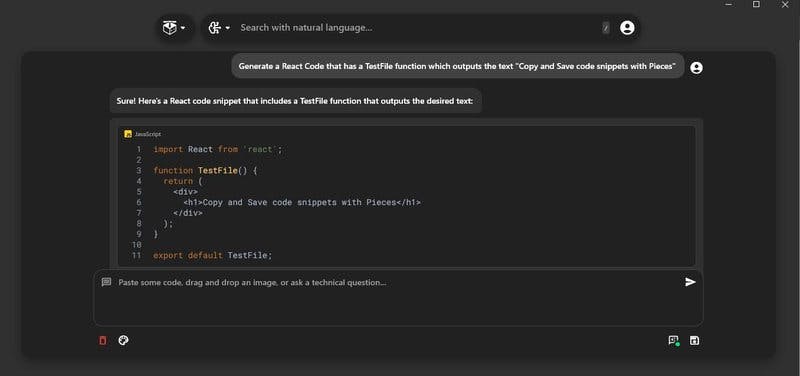 Generating code with the Pieces Copilot.