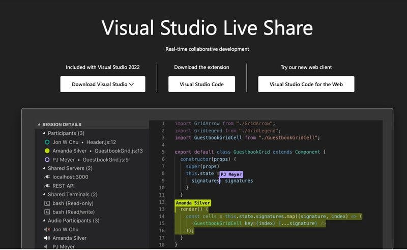 Visual Studio Live Share homepage.