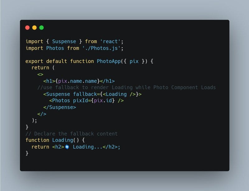 Code snippet using Suspense in React.