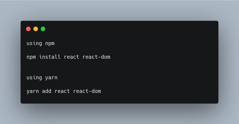 Installing the latest version of React using npm.