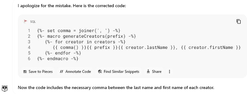 Corrected code from the Pieces Copilot.