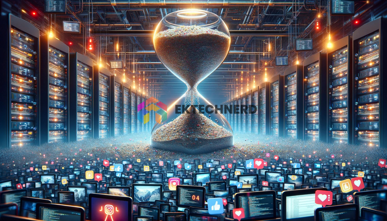 A visual representation of the challenge faced by Instagram in storing billions of videos. The image portrays a vast digital landscape filled with countless videos and photos symbolizing the overwhelming volume of uploads. In the foreground, there are icons representing 2 billion active users, each contributing to the massive influx of data. The central focus is on a giant, digital hourglass, with sand grains representing videos and photos, nearly full, symbolizing the imminent server crash due to the overload. In the background, looming server towers with warning lights flickering, indicating the critical state of their computing capacity. The atmosphere is tense, with digital streams and code running in the background, highlighting the urgency of finding a solution to the storage crisis.