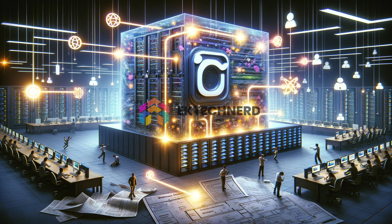 A conceptual representation of Instagram's strategy to optimize existing servers rather than expanding with new data centers. The scene depicts a high-tech server room, where engineers (represented by diverse avatars) are actively working on existing servers, portrayed with glowing, efficient energy symbols. The servers are interconnected with streams of light, symbolizing optimized data flow. In one part of the image, there's a cross-section of a server, showing intricate details of the optimization process, like compression algorithms and energy-efficient coding. The background features discarded plans for new data centers, symbolizing the decision to optimize instead of expand. The overall atmosphere is one of innovation and efficiency, with digital code and energy-saving icons scattered throughout.