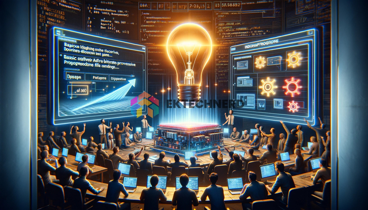 An imaginative visualization of Instagram engineers discovering a significant oversight in their video upload process. The scene shows a group of engineers (represented by diverse characters) gathered around a large holographic display. The display reveals the settings for basic adaptive bitrate and progressive encodings, shown as two nearly identical digital structures. Above the display, a light bulb symbolizes the moment of discovery. The engineers are then seen repackaging the progressive encodings into a new, more efficient file structure capable of handling higher bit rates, illustrated by a dynamic transformation of the digital structures. The background is filled with code and digital diagrams, emphasizing the technical nature of the discovery and the innovative solution that followed. The overall atmosphere conveys a sense of breakthrough and ingenuity.