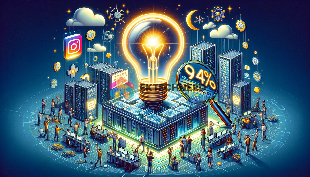 An illustrative depiction of the massive savings and lessons learned from Instagram's optimization process. The image shows a large, glowing '94%' symbol, representing the reduction in computing power. Around this symbol, diverse engineers are shown celebrating the achievement, with one holding a banner that reads 'Continuous Innovation.' Another part of the image shows a magnifying glass over a complex digital network, symbolizing the discovery of overlooked aspects in the system. Beside this, a light bulb is illuminating, representing the opportunity for significant improvements. The background is a blend of efficient servers and green energy symbols, emphasizing the environmental and operational benefits of the optimization. The overall scene conveys a message of triumph in innovation and the positive impact of re-evaluating even the 'good enough' areas of technology.