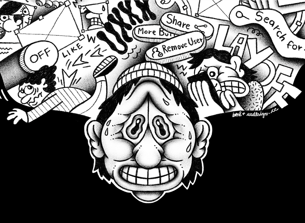 A human head surrounded by scary thoughts represented by cartoon characters, design patterns, and keywords such as deadline and layoffs. The person looks worried.