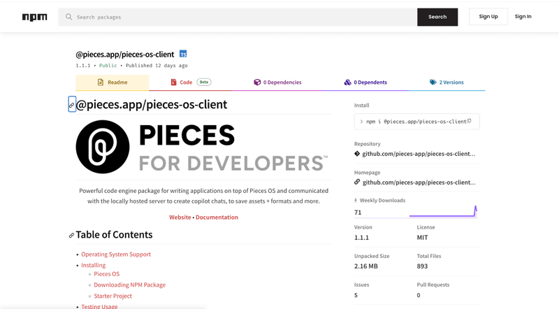 The Pieces OS Client npm package.