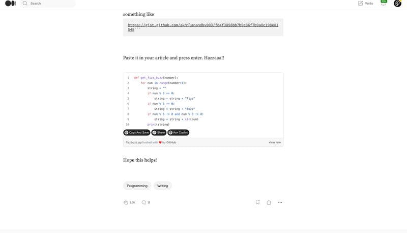 Discovering a code snippet embedded with an iframe on Medium.