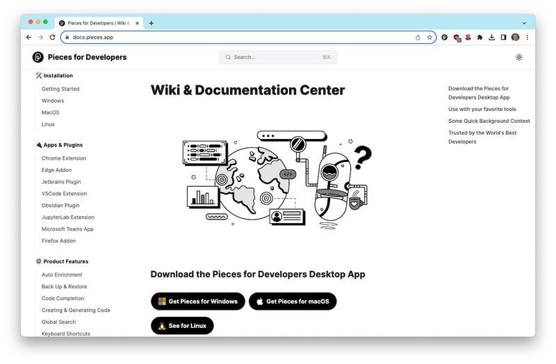 The homepage of the Pieces documentation center.