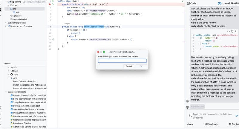 Asking Pieces Copilot about a folder.