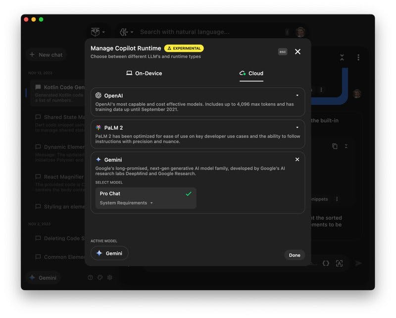 Selecting Gemini as your Pieces Copilot runtime.