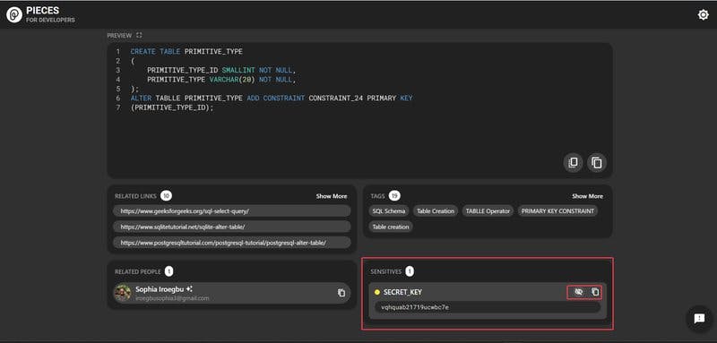 Highlighted sensitive information in Pieces for Developers.