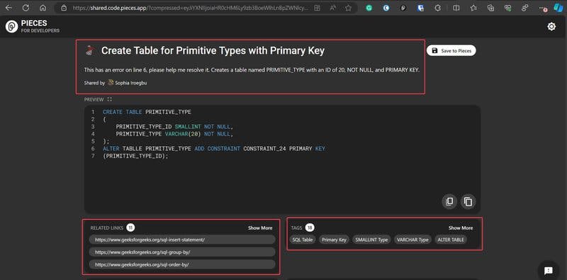 Highlighting a snippet's context in Pieces.